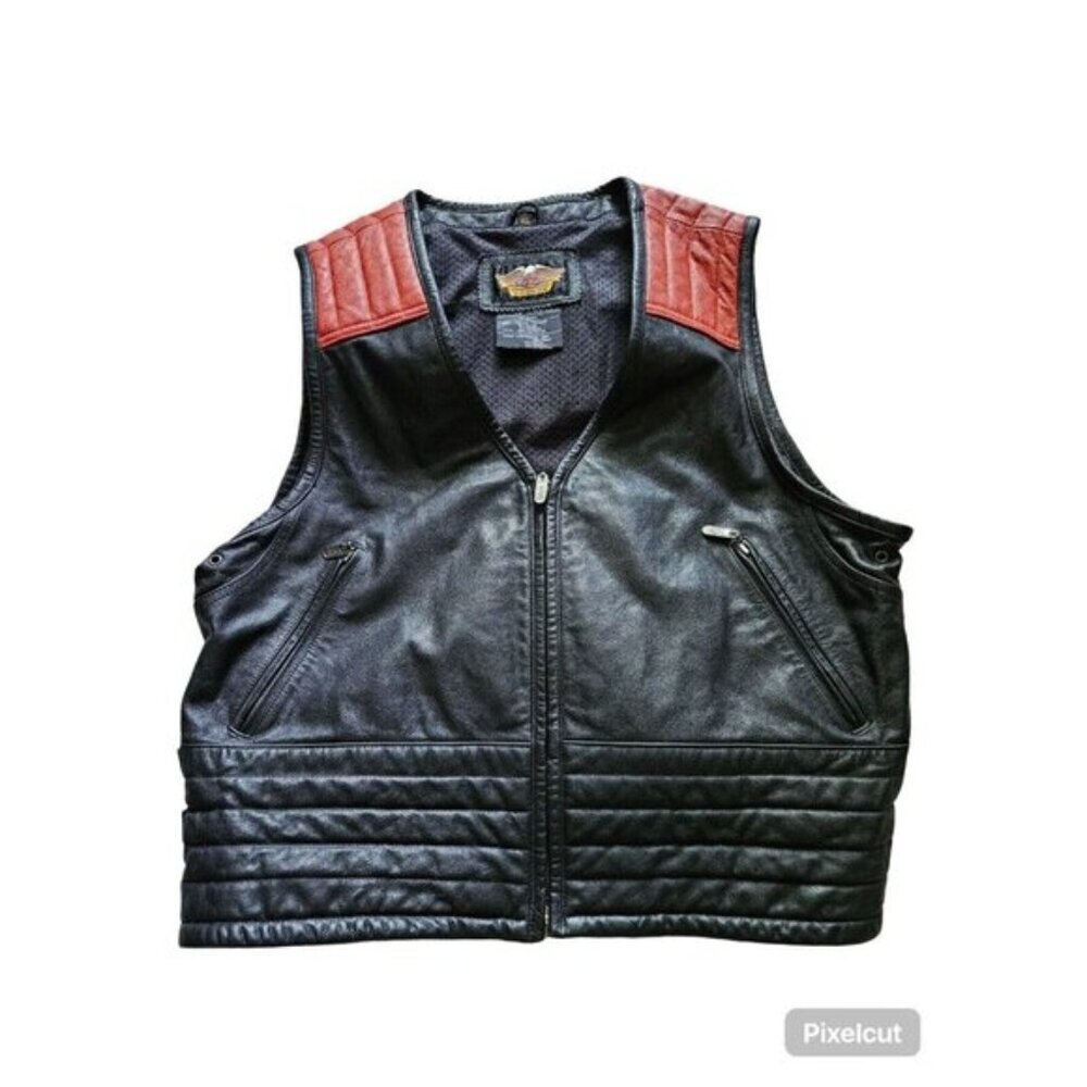 Harley Davidson Mens Leather  Motorcycle Vest Size XL Black And Orange Leather